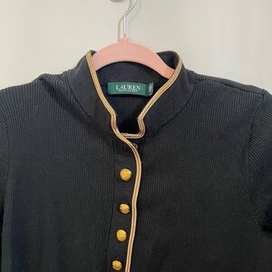 Lauren Ralph Lauren Black Ribbed Knit Dress with Gold Trim and Buttons